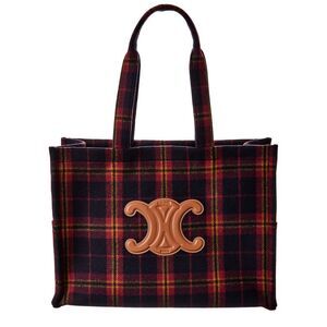 Celine Cabas Thais Large Tartan & Leather Tote, Blue